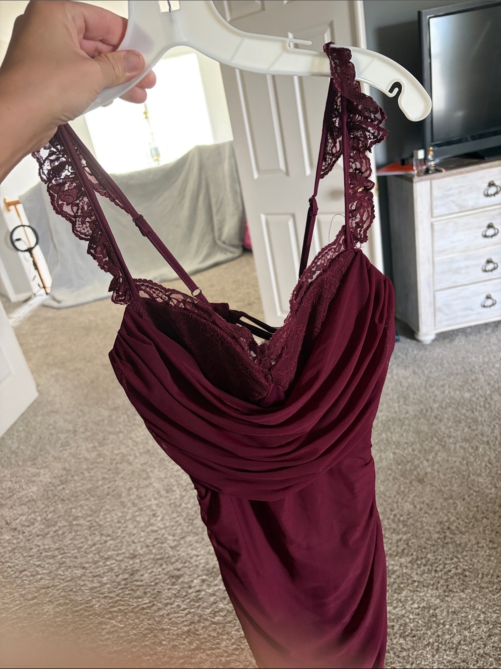Lace-Trim Burgundy Slip Dress
